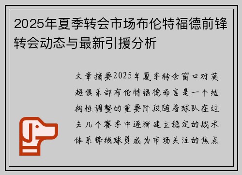 2025年夏季转会市场布伦特福德前锋转会动态与最新引援分析