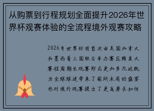 从购票到行程规划全面提升2026年世界杯观赛体验的全流程境外观赛攻略