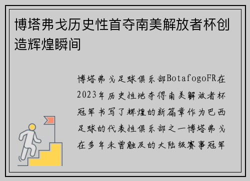 博塔弗戈历史性首夺南美解放者杯创造辉煌瞬间