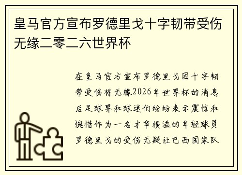 皇马官方宣布罗德里戈十字韧带受伤无缘二零二六世界杯